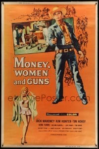 3h056 MONEY, WOMEN & GUNS 40x60 '58 cowboy Jock Mahoney with revolver & gambling + sexy woman!