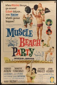 3h057 MUSCLE BEACH PARTY 40x60 '64 Frankie & Annette, 10,000 biceps & 5,000 bikinis!