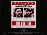 3j499 FUGITIVE British quad '93 Harrison Ford is on the run, cool wanted poster design!