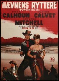 3j292 POWDER RIVER Danish '54 art of cowboy Rory Calhoun & super sexy Corinne Calvet holding gun!