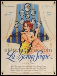3j702 LA BONNE SOUPE French 24x32 '64 different art of Annie Girardot on bed covered by pillows!