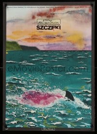 3j233 JAWS Polish 23x32 '76 Spielberg, different Dudzinski art of shark fin in bloody water!