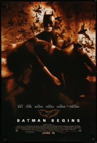 3k535 BATMAN BEGINS advance DS 1sh '05 June 15, great image of Christian Bale carrying Katie Holmes