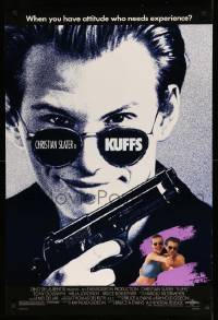 3k740 KUFFS DS 1sh '92 Christian Slater wearing sunglasses & holding gun, sexy Milla Jovovich!