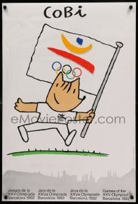 3k289 1992 SUMMER OLYMPICS 24x35 Spanish special '88 great artwork of mascot running with flag!
