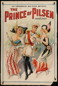 3k210 PRINCE OF PILSEN red title 28x42 stage poster 1900s stone litho w/lady in American flag dress!