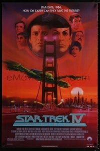 3k905 STAR TREK IV 1sh '86 cool art of Leonard Nimoy & William Shatner by Bob Peak!