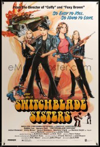 3k937 SWITCHBLADE SISTERS 1sh R96 sexy bad girl gang with guns, vintage-style art by John Solie!