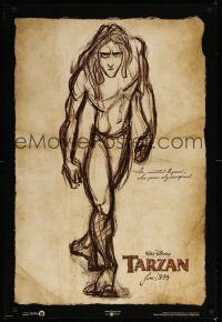 3k942 TARZAN teaser DS 1sh '99 Walt Disney, Burroughs, great sketch artwork, June style!