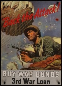 3k128 BACK THE ATTACK! 20x28 WWII war poster '43 Schreiber art of paratroopers over soldier w/gun!
