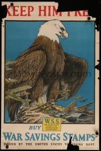 3k109 KEEP HIM FREE 20x30 WWI war poster '17 incredible bald eagle art by Charles L. Bull!