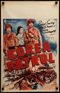 3m083 KOREA PATROL Belgian '51 cool Korean War artwork of soldiers watching tank & bridge blown up