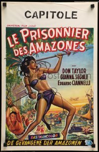 3m105 LOVE-SLAVES OF THE AMAZONS Belgian '57 art of sexy barely-dressed native throwing spear!