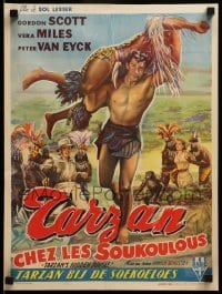 3m173 TARZAN'S HIDDEN JUNGLE Belgian '56 art of Gordon Scott fighting native, Vera Miles!