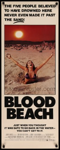 3m450 BLOOD BEACH insert '81 Jaws parody tagline, image of sexy girl in bikini sinking in sand!