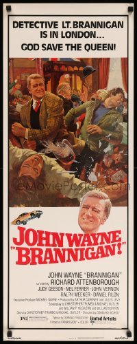 3m459 BRANNIGAN insert '75 great Robert McGinnis art of fighting John Wayne in England!