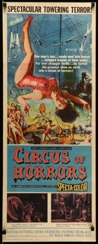 3m488 CIRCUS OF HORRORS insert '60 outrageous horror art of super sexy trapeze girl hanging by neck!