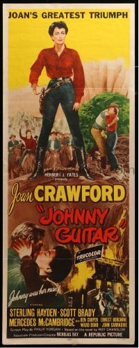 3m605 JOHNNY GUITAR insert '54 artwork of Joan Crawford reaching for gun, Nicholas Ray classic!