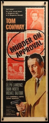 3m668 MURDER ON APPROVAL insert '56 art of detective Tom Conway w/pistol, English noir!