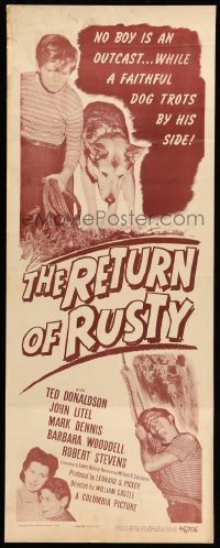 3m738 RETURN OF RUSTY insert '46 great image of boy and his beloved German Shepherd dog!