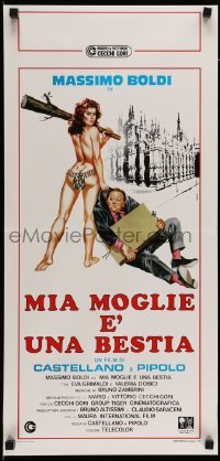3m310 MIA MOGLIE E UNA BESTIA Italian locandina '88 Symeoni art of sexy cavewoman dragging man!