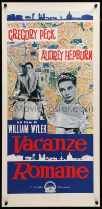 3m344 ROMAN HOLIDAY Italian locandina R90s Audrey Hepburn & Gregory Peck on Vespa over map!