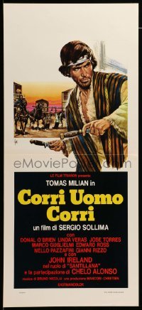 3m347 RUN, MAN, RUN! Italian locandina '68 art of cowboy holding throwing knives by Tino Aller!