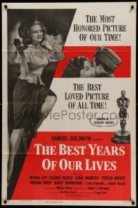 3p072 BEST YEARS OF OUR LIVES style A 1sh R54 Dana Andrews hugs Teresa Wright, sexy Virginia Mayo!