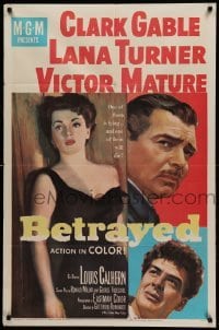 3p074 BETRAYED 1sh '54 art of Clark Gable, Victor Mature & sexy brunette Lana Turner!