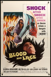 3p095 BLOOD & LACE 1sh '71 AIP, gruesome horror image of wacky cultist w/bloody hammer!