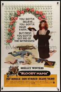 3p097 BLOODY MAMA 1sh '70 Roger Corman, AIP, crazy Shelley Winters w/Bible and tommy gun!