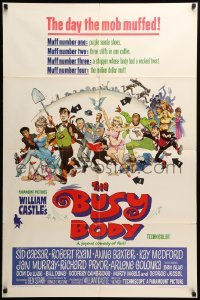 3p120 BUSY BODY 1sh '67 William Castle, great wacky art of entire cast by Frank Frazetta!