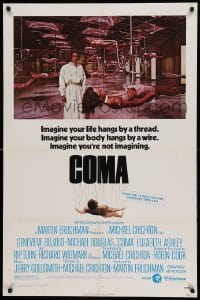 3p155 COMA 1sh '77 Genevieve Bujold finds room full of coma patients in special harnesses!