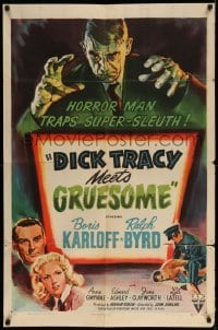 3p202 DICK TRACY MEETS GRUESOME style A 1sh '47 art of horror man Boris Karloff looming over title!