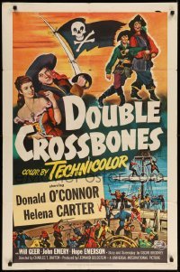 3p215 DOUBLE CROSSBONES 1sh '51 artwork of pirate Donald O'Connor & Helena Carter by ship!