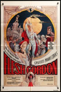 3p272 FLESH GORDON 1sh '74 sexy sci-fi spoof, wacky erotic super hero art by George Barr!