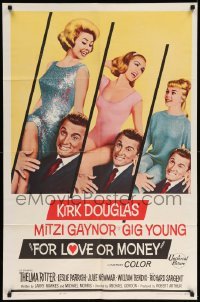 3p280 FOR LOVE OR MONEY 1sh '63 Kirk Douglas carries sexy Mitzi Gaynor, Thelma Ritter!