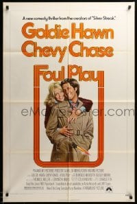 3p284 FOUL PLAY 1sh '78 wacky Lettick art of Goldie Hawn & Chevy Chase, screwball comedy!