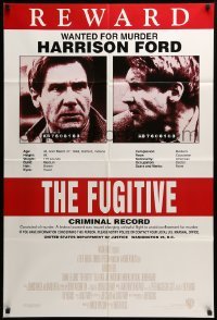 3p298 FUGITIVE recalled int'l 1sh '90s Harrison Ford is on the run, cool wanted poster design!