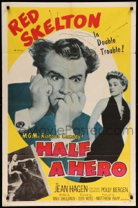 3p357 HALF A HERO 1sh '53 great image of Red Skelton in double trouble with Jean Hagen!