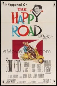 3p364 HAPPY ROAD 1sh '57 romantic art of Gene Kelly & Barbara Laage riding on Vespa!
