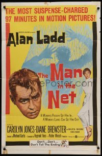 3p512 MAN IN THE NET 1sh '59 Alan Ladd in the most suspense-charged 97 minutes in motion pictures!