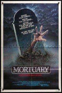 3p547 MORTUARY 1sh '83 Satanic cult, cool artwork of hand reaching up from grave!