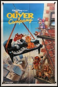 3p605 OLIVER & COMPANY 1sh '88 art of Walt Disney cats & dogs in New York City by Bill Morrison!
