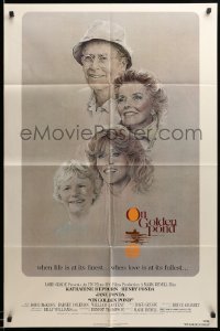 3p608 ON GOLDEN POND 1sh '81 art of Hepburn, Henry Fonda, and Jane Fonda by C.D. de Mar