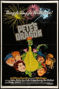 3p646 PETE'S DRAGON 1sh '77 Walt Disney, colorful art of cast headshots & dragon by Paul Wenzel!