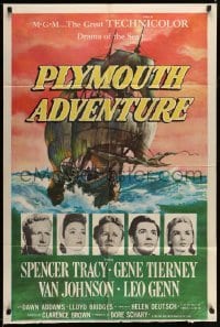 3p661 PLYMOUTH ADVENTURE 1sh '52 Spencer Tracy, Gene Tierney, cool art of ship at sea!