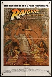 3p691 RAIDERS OF THE LOST ARK 1sh R82 great art of adventurer Harrison Ford by Richard Amsel!