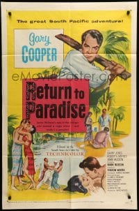 3p707 RETURN TO PARADISE 1sh '53 art of Gary Cooper, from James A. Michener's story!