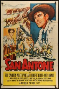3p725 SAN ANTONE 1sh '53 artwork of cowboy Rod Cameron & Katy Jurado, both holding guns!